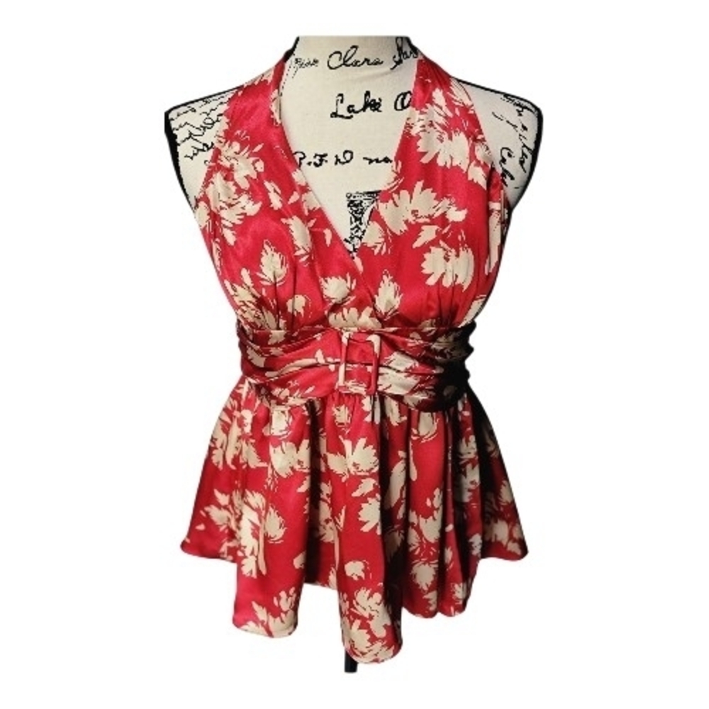 Vintage BCBGMaxAzria Red and Cream Asymmetrical Top - Picture 2 of 7